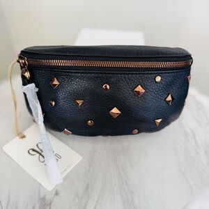 HOBO Fern Studded Leather Belt Bag Fanny Pack Crossbody, Black/Rose Gold NWT